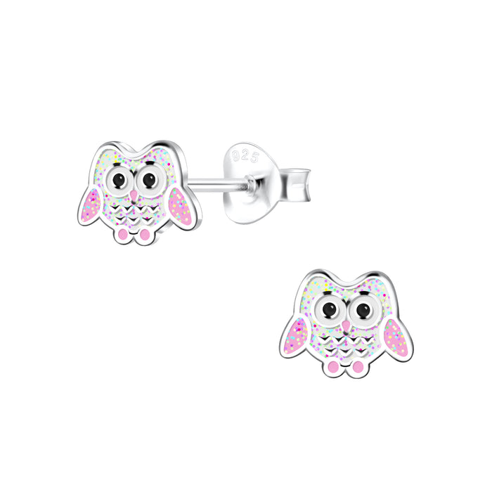 Joy|S - Zilveren uil oorbellen - glitter wit roze - 7 x 6 mm - kinderoorbellen