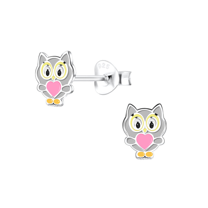 Joy|S - Zilveren uil oorbellen - met roze hartje - 6 x 7 mm oorknoppen - kinderoorbellen