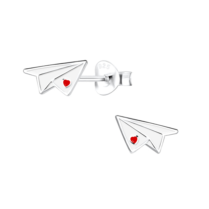 Joy|S - Zilveren papieren vliegtuig oorbellen - 5 x 8 mm - wit met rood hartje - kinderoorbellen