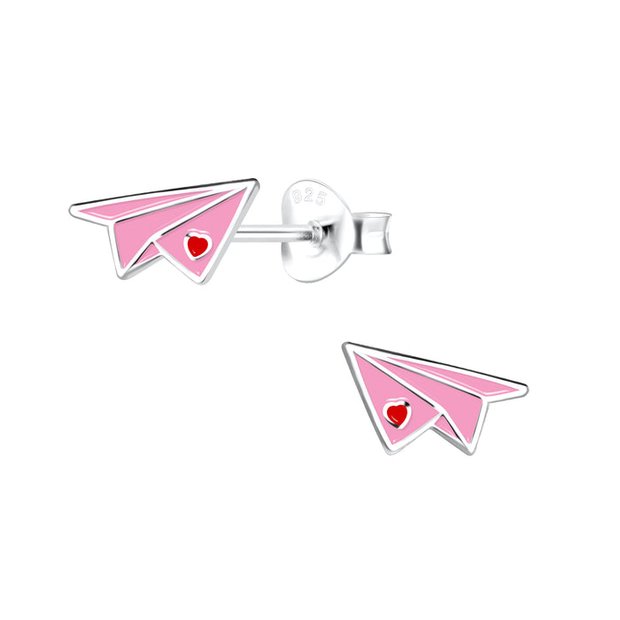Joy|S - Zilveren papieren vliegtuig oorbellen - 5 x 8 mm - roze met rood hartje - kinderoorbellen