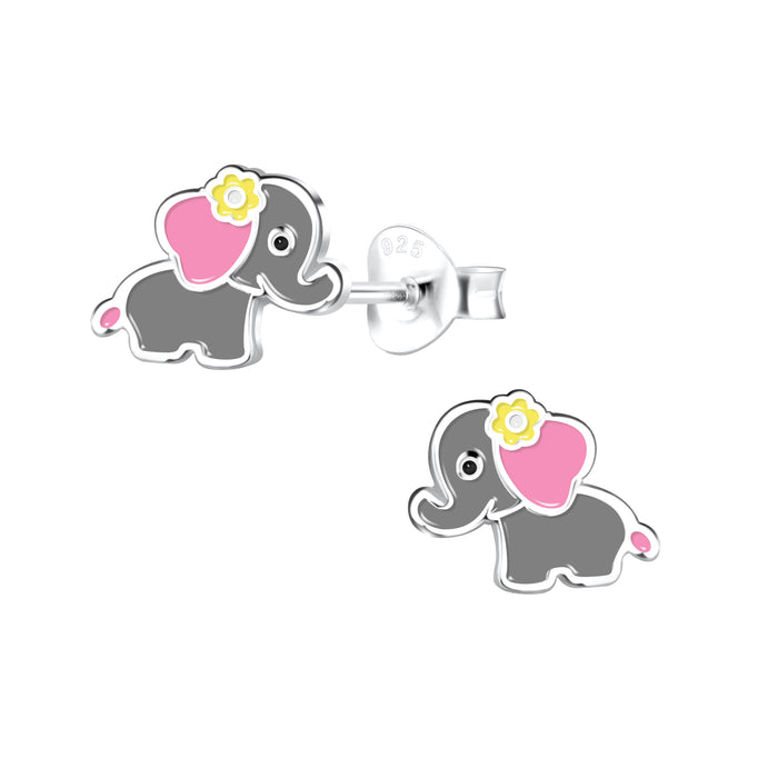 Joy|S - Zilveren olifant oorbellen - baby olifantje met roze oren en geel bloemetje - kinderoorbellen