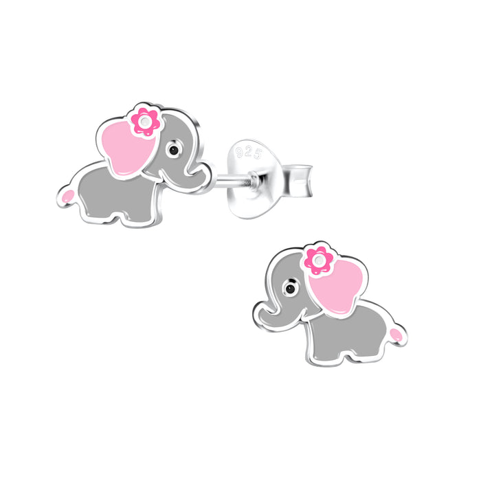 Joy|S - Zilveren olifant oorbellen - baby olifantje - grijs met roze oren en roze bloemetje - kinderoorbellen