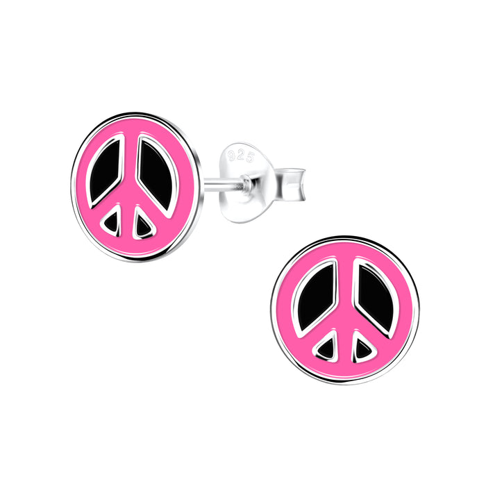 Joy|S - Zilveren peace oorbellen - rond - 8 mm - roze zwart - t95