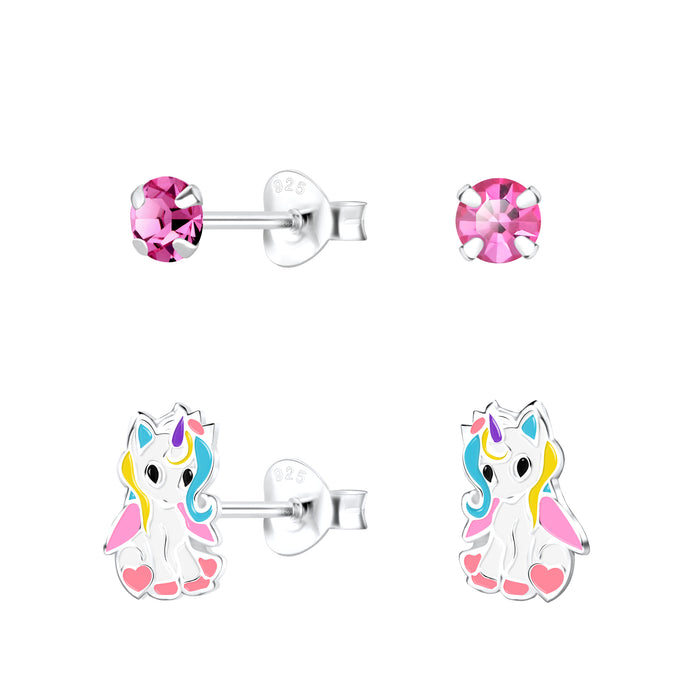 Joy|S - Zilveren oorknop en eenhoorn oorbellen - set 2 paar - unicorn oorknoppen - kinderoorbellen