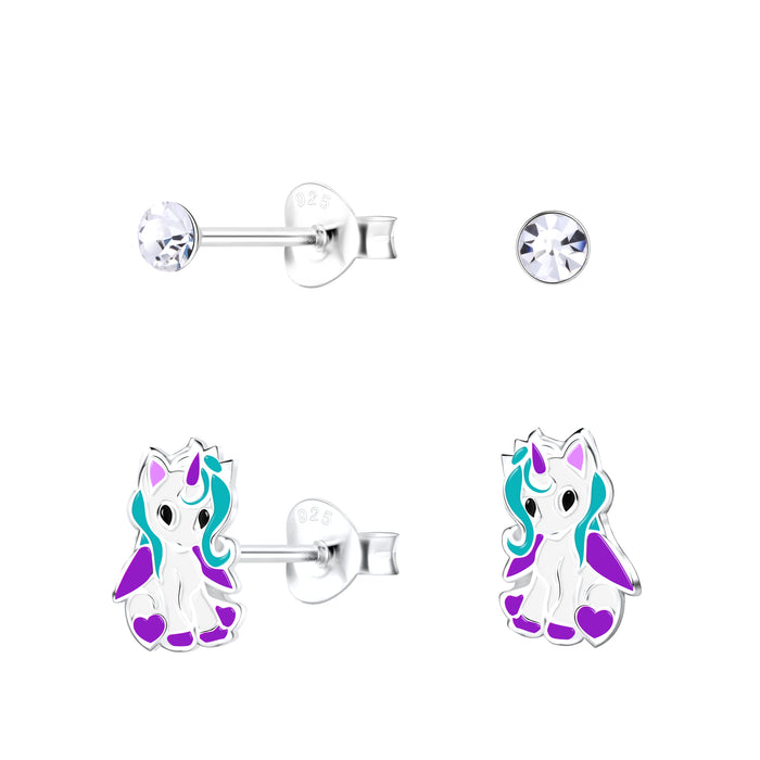 Joy|S - Zilveren oorknoppen en eenhoorn oorbellen - set 2 paar - unicorn oorknoppen - kinderoorbellen