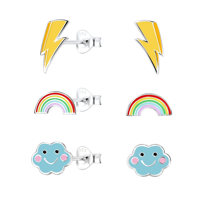 Joy|S - Zilveren wolkje | bliksem | regenboog oorbellen - set 3 paar - kinderoorbellen