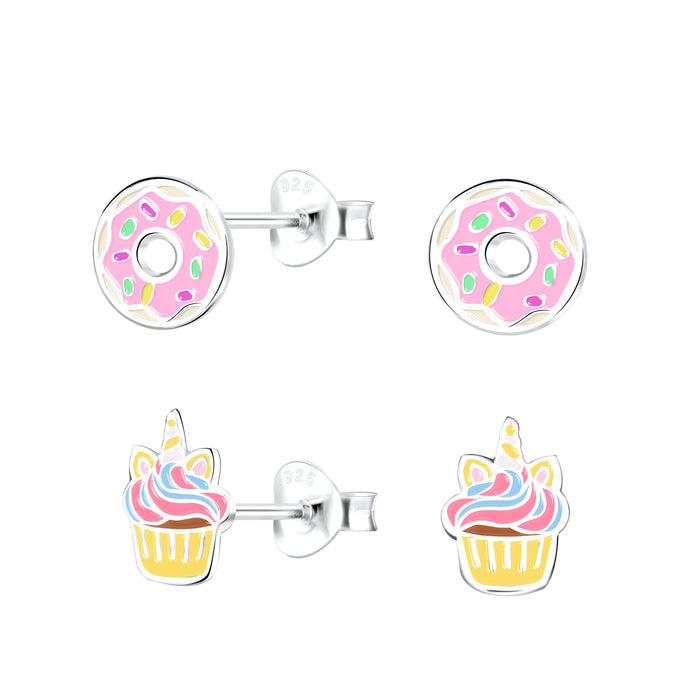 Joy|S - Zilveren donut en cupcake oorbellen set - 2 paar - kinderoorbellen