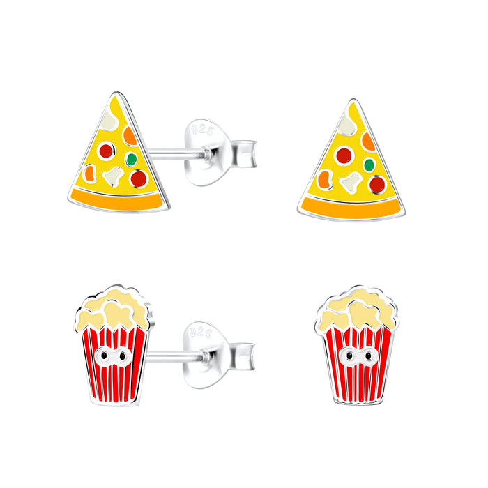 Joy|S - Zilveren pizza en popcorn oorbellen - set 2 paar - oorknoppen - kinderoorbellen
