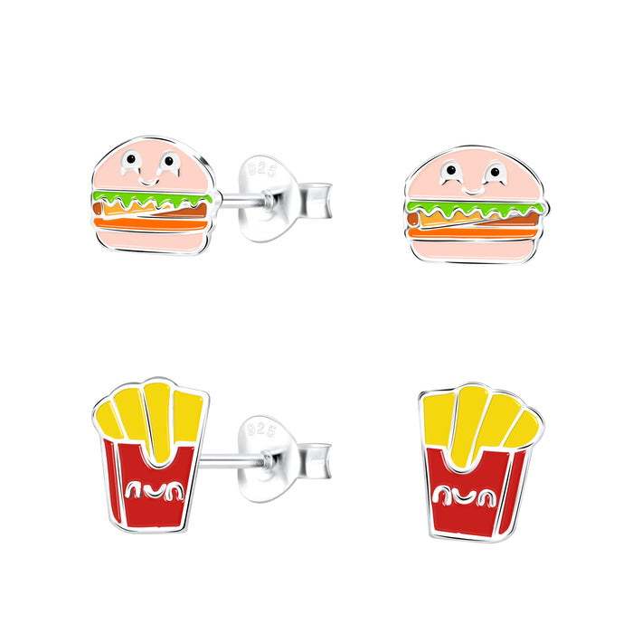 Joy|S - Zilveren hamburger en frietjes oorbellen - set 2 paar - oorknoppen - kinderoorbellen