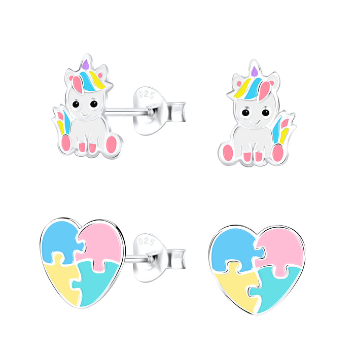 Joy|S - Zilveren baby eenhoorn oorbellen en hartje / puzzel oorbellen - set 2 paar - kinderoorbellen
