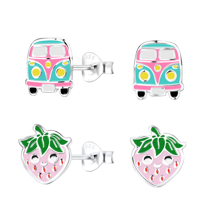 Joy|S - Zilveren busje en aardbei oorbellen - set 2 paar - vw busje oorknoppen - kinderoorbellen