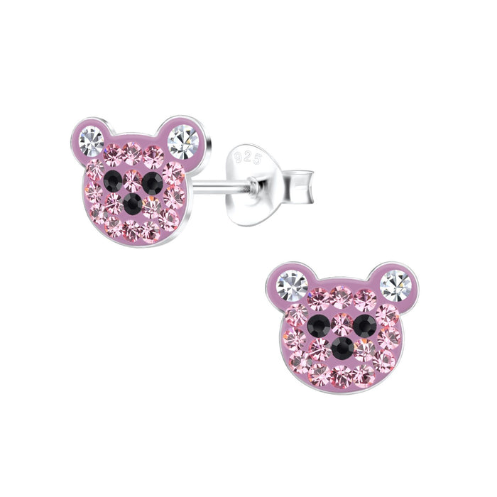 Joy|S - Zilveren beer oorbellen - 13 x 12 mm - roze beertje - kristal - kinderoorbellen