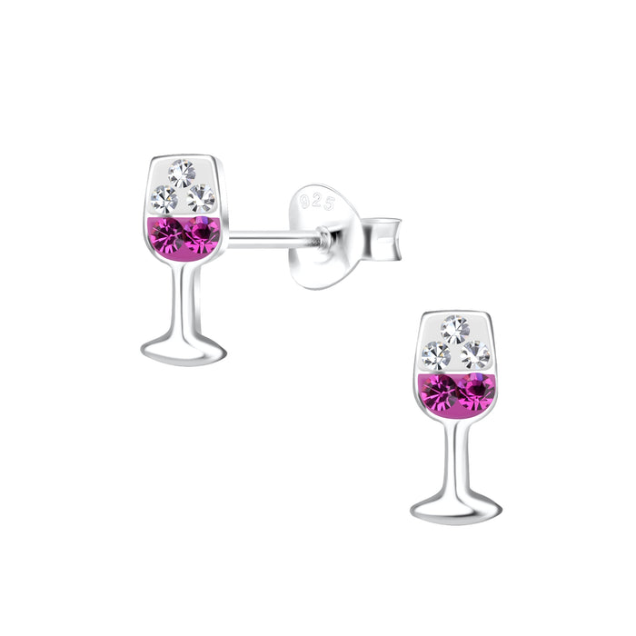 Joy|S - Zilveren wijn glas oorbellen - 4 x 9 mm - roze zilver - wijnglas oorknoppen