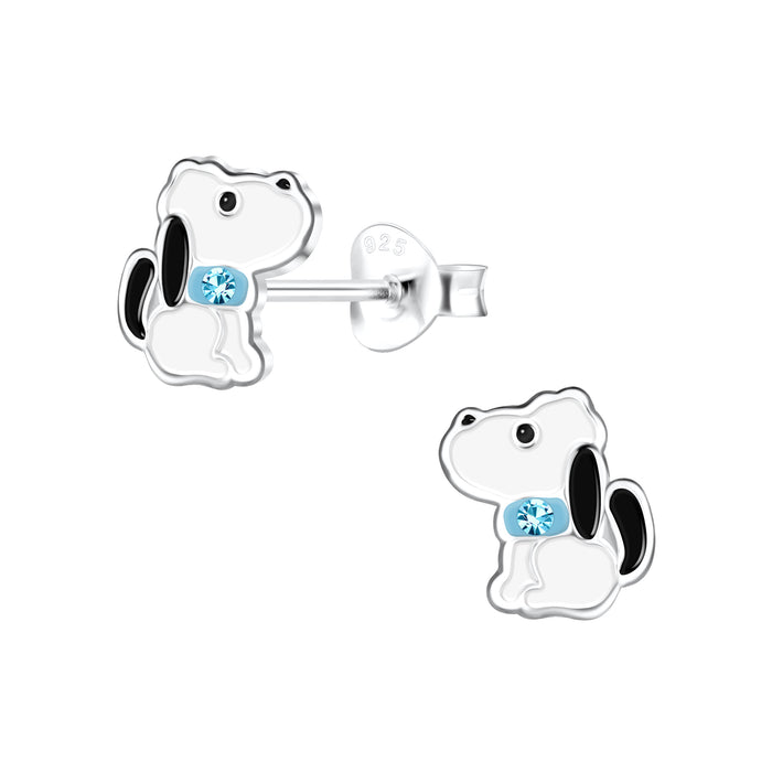 Joy|S - Zilveren hond oorbellen - 7 x 8 mm - wit met blauw en blauw kristal