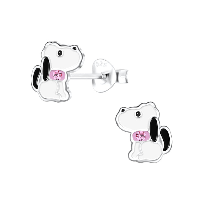 Joy|S - Zilveren hond oorbellen - 7 x 8 mm - wit met roze en roze kristal - kinderoorbellen