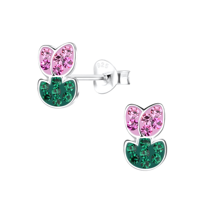 Joy|S - Zilveren tulp oorbellen - 6 x 9 mm - roze groen - met kristalletjes - bloem oorknoppen - kinderoorbellen