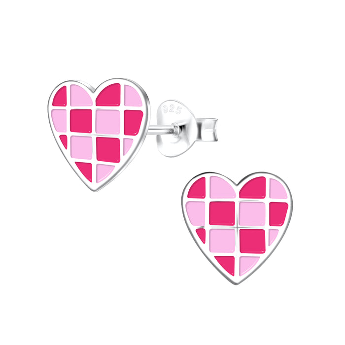 Joy|S - Zilveren hartje oorbellen - 8 x 9 mm - hartje met vierkante roze blokjes - oorknoppen