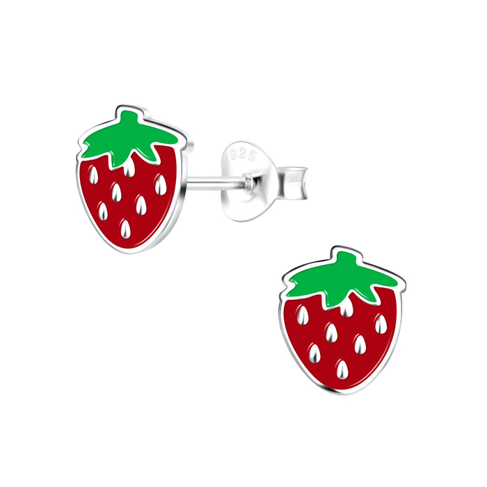 Joy|S -  Zilveren aarbei oorbellen - 7 x 8 mm - rood groen zilver - kinderoorbellen