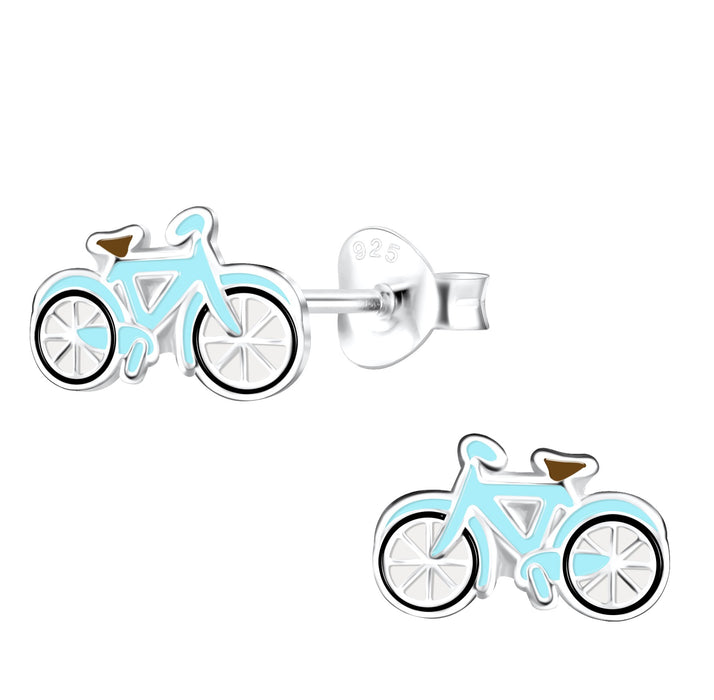 Joy|S - Zilveren fiets oorbellen - 9 x 6 mm - turquoise blauw - kinderoorbellen