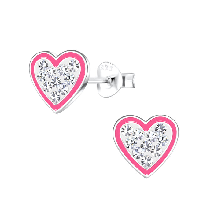 Joy|S - Zilveren hartje oorbellen - 8 mm - roze zilver met kristal - kinderoorbellen