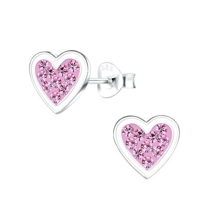 Joy|S - Zilveren hartje oorbellen - 8 mm - roze met roze kristalletjes - zilver wit afgewerkt randje - kinderoorbellen - sterling zilver 925