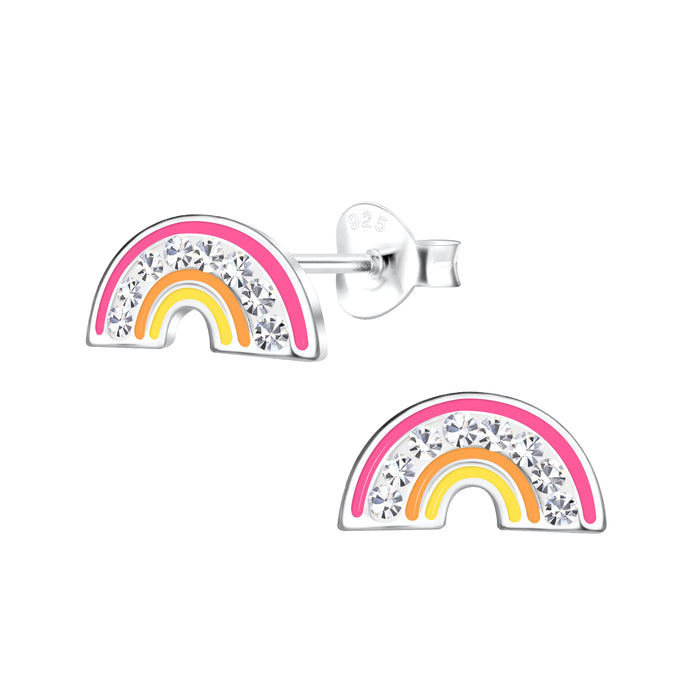 Joy|S - Zilveren regenboog oorbellen - 10 x 5 mm - roze oranje geel met kristal - kinderoorbellen