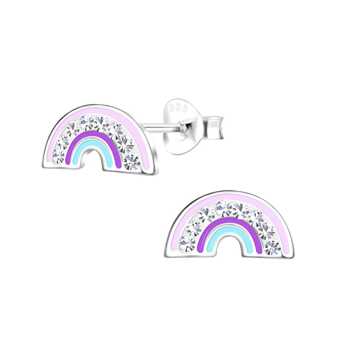 Joy|S - Zilveren regenboog oorbellen - 10 x 5 mm - paars lila turquoise met kristal - kinderoorbellen