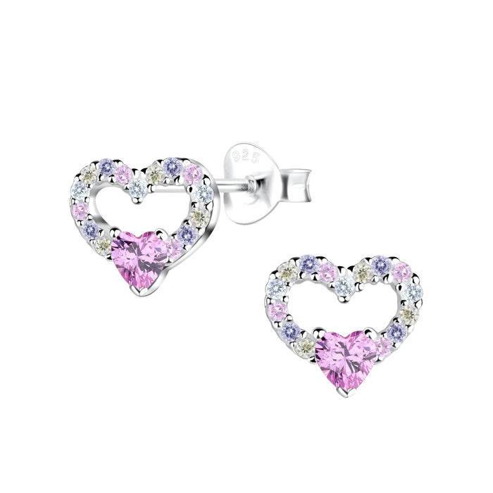 Joy|S - Zilveren hartje oorbellen - hartjes multicolor met een roze hart - zirkonia - 8 mm - sterling zilver 925