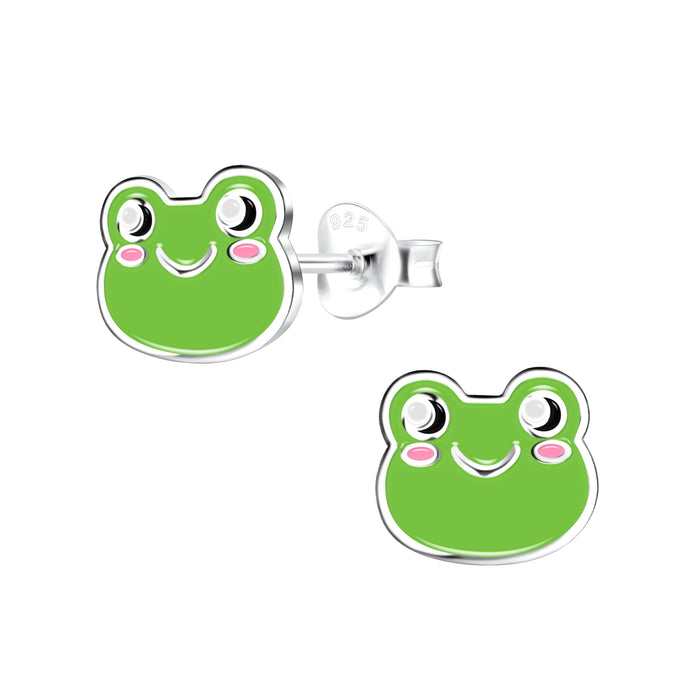 Joy|S - Zilveren kikker oorbellen - 8 x 7 mm - groen - kinderoorbellen