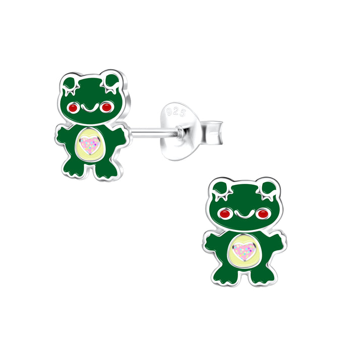 Joy|S - Zilveren kikker oorbellen - 7 x 8 mm - groen met glitter hartje - kinderoorbellen