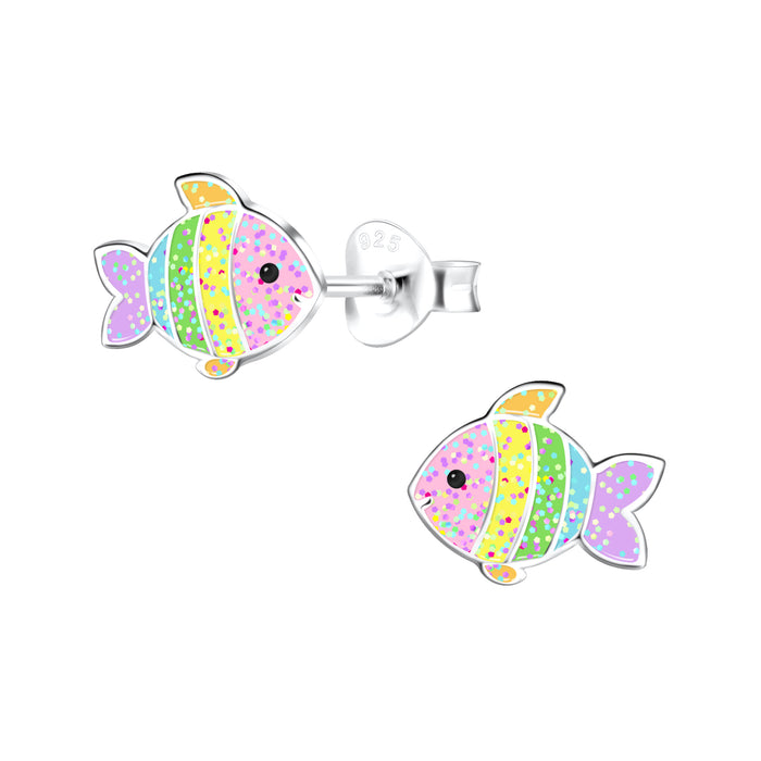 Joy|S - Zilveren vis oorbellen - 9 x 7 mm - multicolor met glittertjes - kinderoorbellen