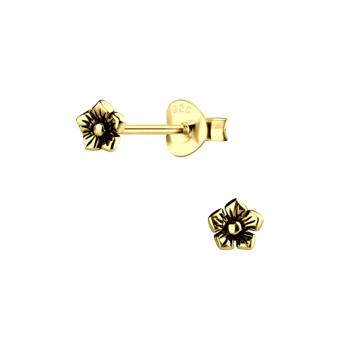 Joy|S - Zilveren bloem oorknoppen - 3.5 mm - goudplating - geoxideerd - bloemetje oorbellen