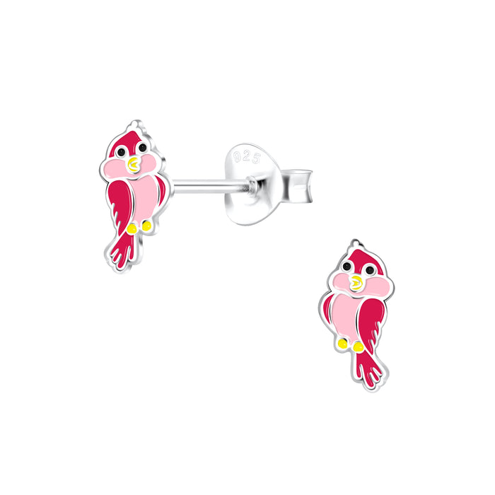 Joy|S - Zilveren vogel oorbellen - 4 x 8 mm - rood roze vogeltje - kinderoorbellen