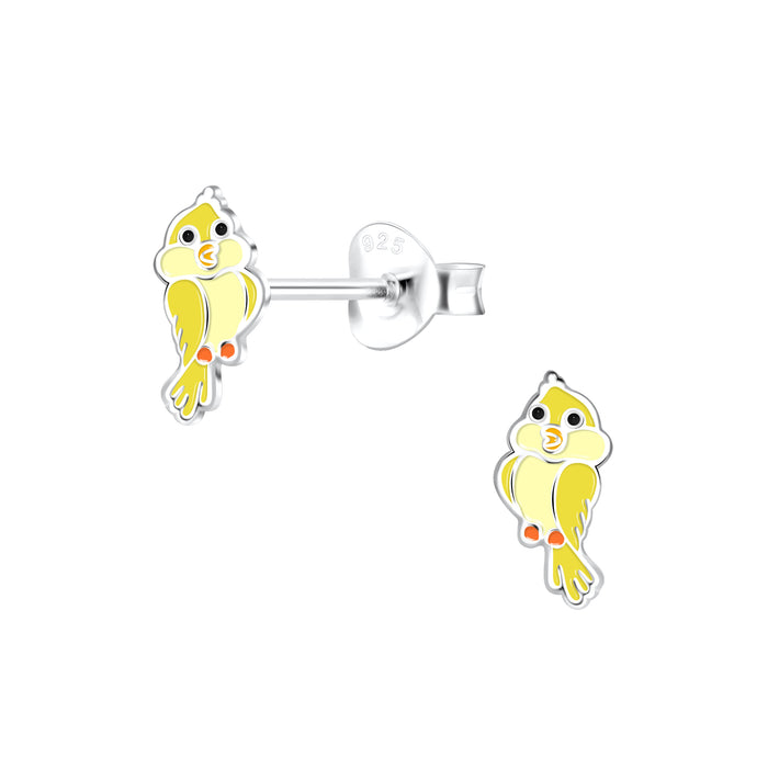 Joy|S - Zilveren vogel oorbellen - 4 x 8 mm - geel vogeltje - kinderoorbellen