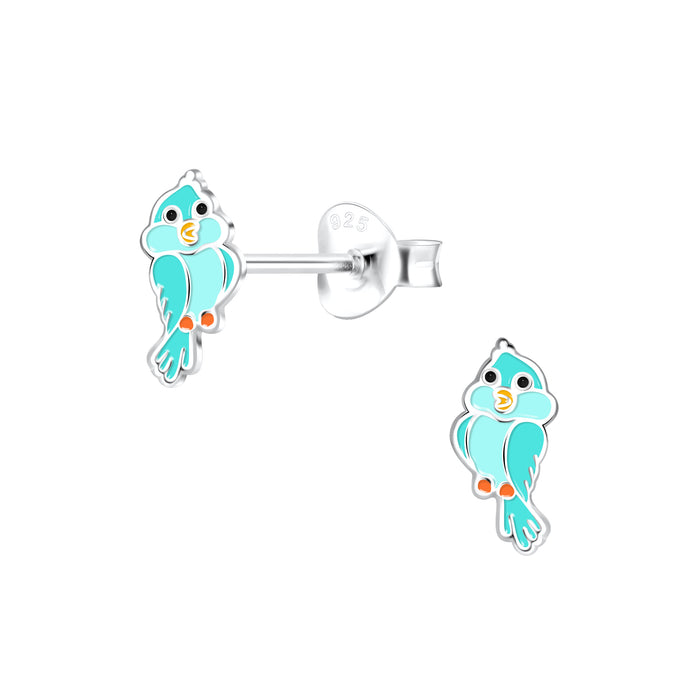 Joy|S - Zilveren vogel oorbellen - 4 x 8 mm - turquoise blauw / groen vogeltje - kinderoorbellen