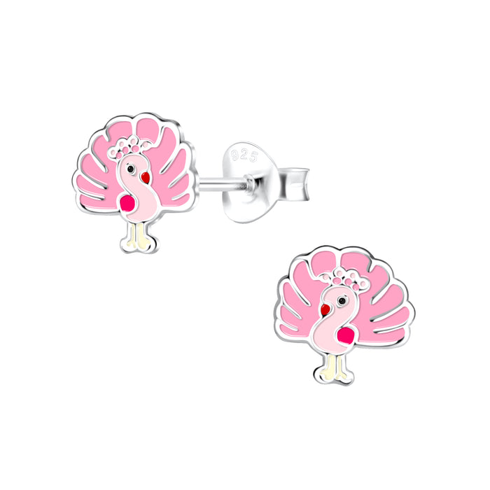 Joy|S - Zilveren pauw oorbellen - 8 mm - roze - kinderoorbellen