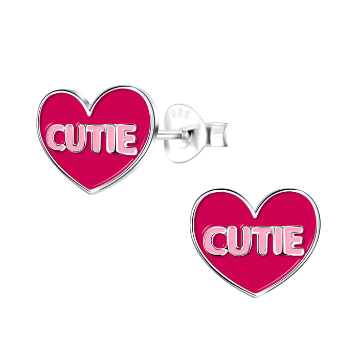 Joy|S - Zilveren hartje oorbellen - Cutie - 10 x 8 mm - rood/ roze met zilver randje