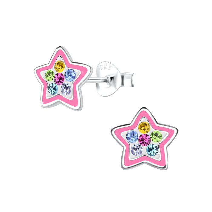 Joy|S - Zilveren ster oorbellen - 8 mm - roze met multicolor kristal - kinderoorbellen