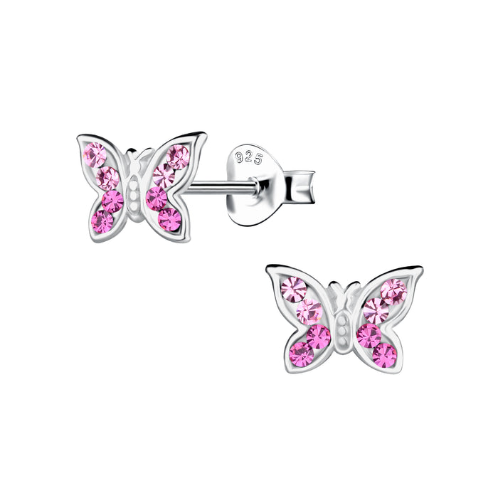 Joy|S - Zilveren vlinder oorbellen - 9 x 6 mm - zilver met roze kristal - kinderoorbellen