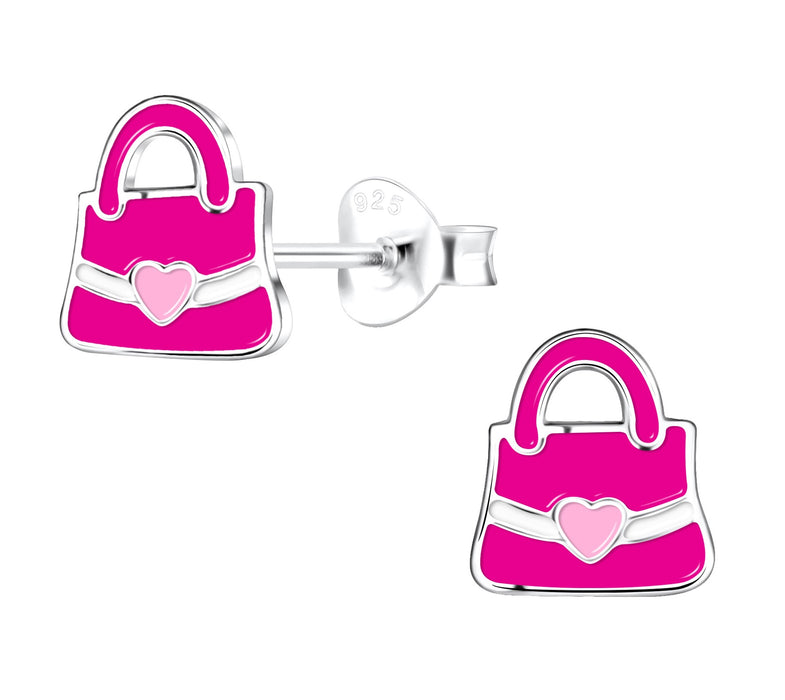 Joy|S - Zilveren handtas oorbellen - 7 x 8 mm - roze met hartje - tasje oorknoppen