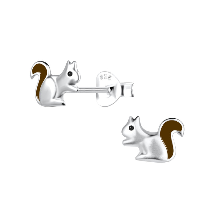 Joy|S - Zilveren eekhoorn oorbellen - 8 x 6 mm - zilver met bruine staart - kinderoorbellen