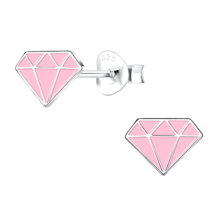 Joy|S - Zilveren diamant oorbellen - 8 x 6 mm - diamant vorm - roze - kinderoorbellen