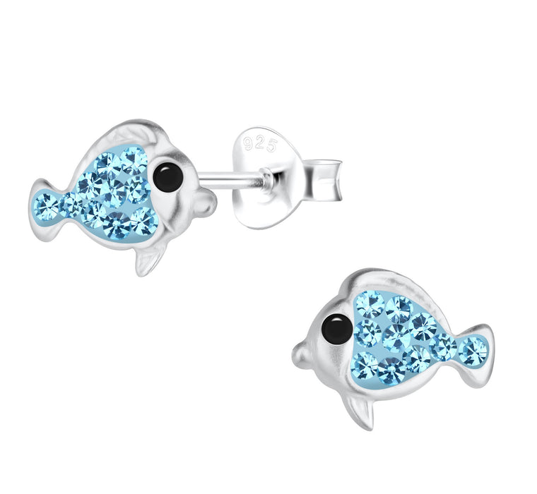 Joy|S - Zilveren vis oorbellen - 9 x 8 mm - zilver met blauw kristal