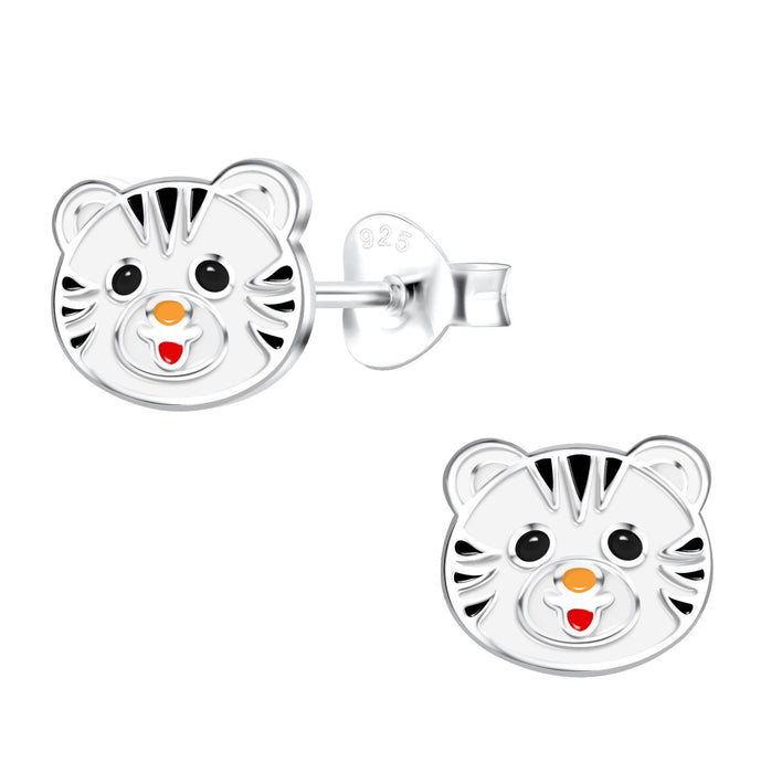 Joy|S - Zilveren tijger oorbellen - 8 x 7 mm - tijger kat / poes oorknoppen voor kinderen - wit zwart