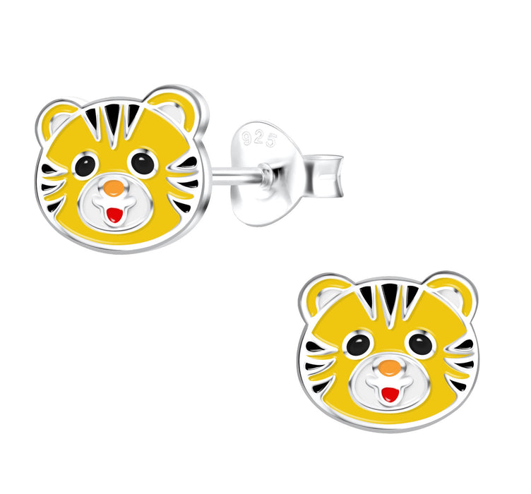 Joy|S - Zilveren tijger oorbellen - 8 x 7 mm - tijger kat oorknoppen voor kinderen - oranje/geel