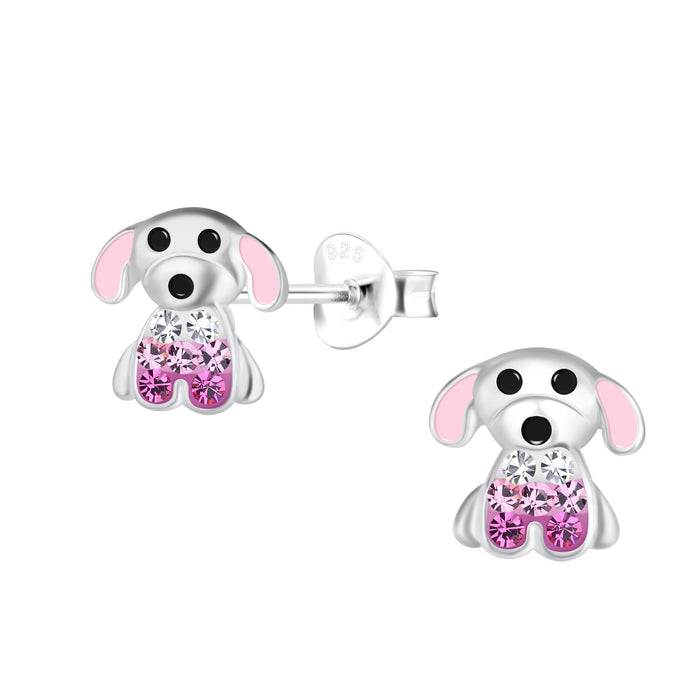 Joy|S - Zilveren hond oorbellen - zilver met roze oortjes en roze kristalletjes - 8 x 8 mm - kinderoorbellen