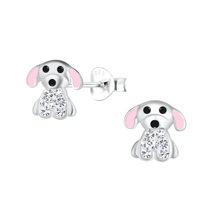 Joy|S - Zilveren hond oorbellen - zilver met roze oortjes en kristalletjes - 8 x 8 mm - kinderoorbellen