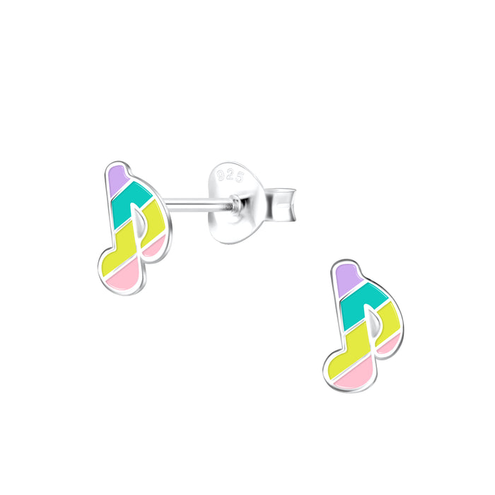 Joy|S - Zilveren muzieknoot oorbellen - 5 x 7 mm - multicolor gestreept - muziek noot oorknoppen - kinderoorbellen