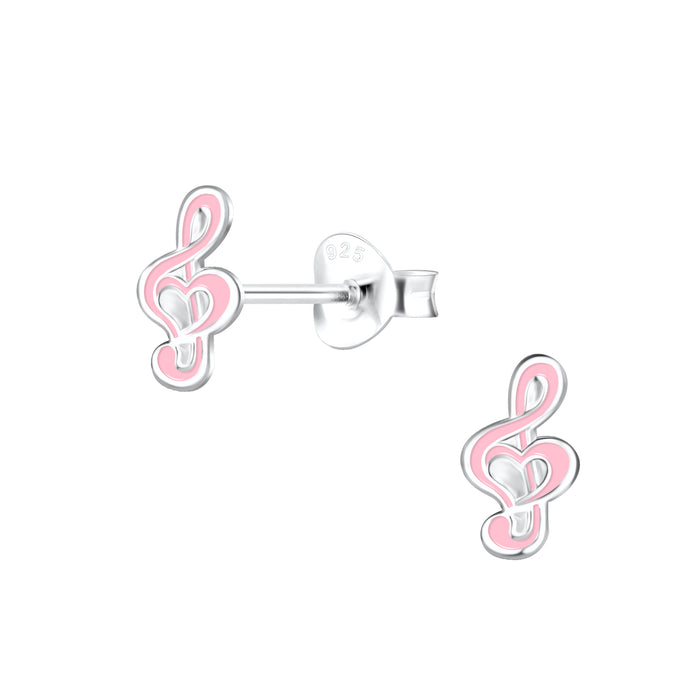 Joy|S - Zilveren muzieknoot oorbellen - G sleutel - 4 x 8 mm - roze - kinderoorbellen