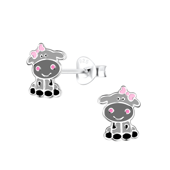Joy|S - Zilveren koe oorbellen - 6 x 9 mm - grijs met roze strikje - kinderoorbellen